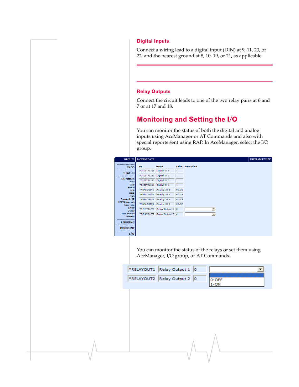 Monitoring and setting the i/o, Digital inputs relay outputs | Sierra Wireless 20070914 User Manual | Page 69 / 203
