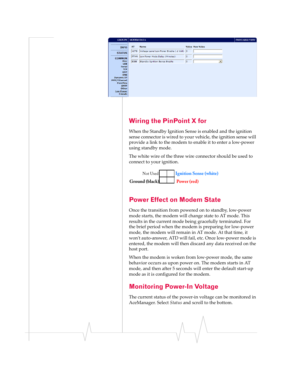 Wiring the pinpoint x for, Power effect on modem state, Monitoring power-in voltage | Sierra Wireless 20070914 User Manual | Page 71 / 203