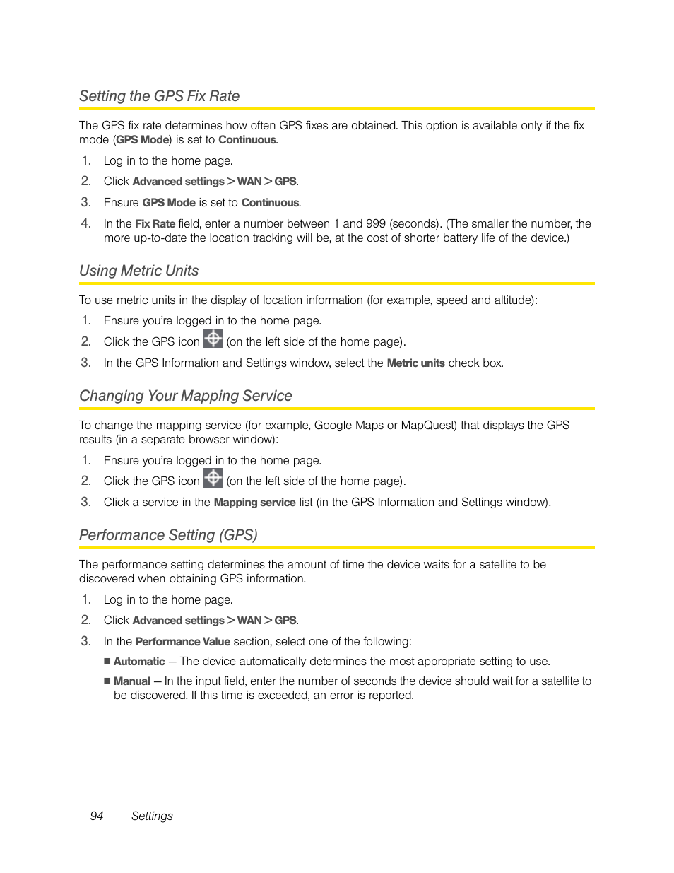 Setting the gps fix rate, Using metric units, Changing your mapping service | Performance setting (gps) | Sierra Wireless Overdrive User Manual | Page 102 / 172