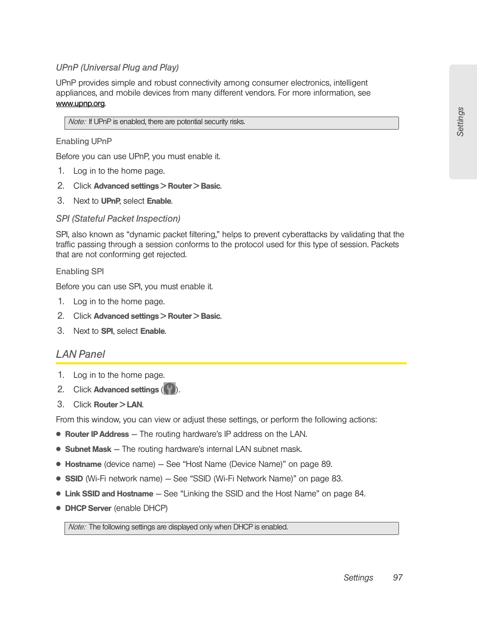 Upnp (universal plug and play), Spi (stateful packet inspection), Lan panel | Sierra Wireless Overdrive User Manual | Page 105 / 172