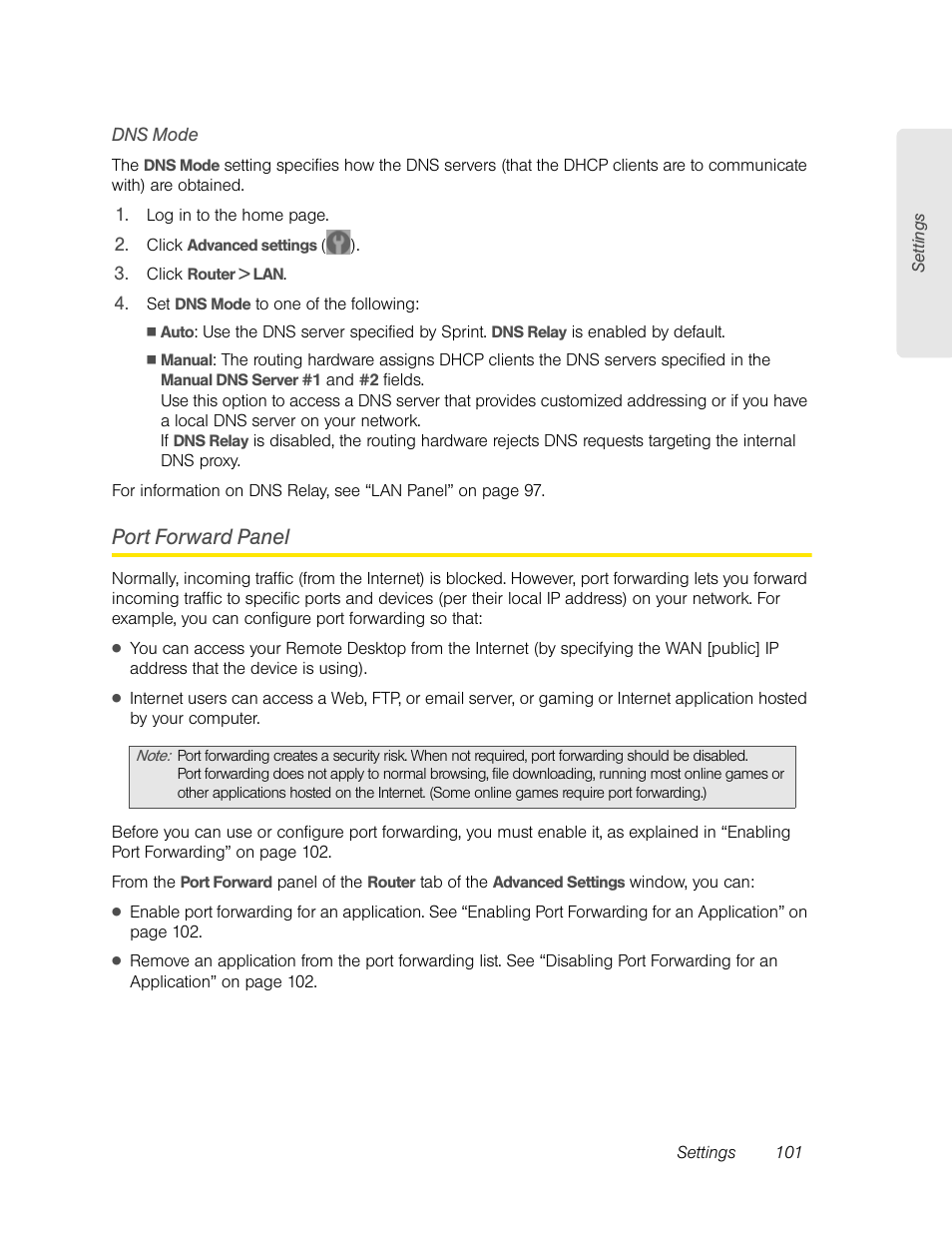 Dns mode, Port forward panel | Sierra Wireless Overdrive User Manual | Page 109 / 172