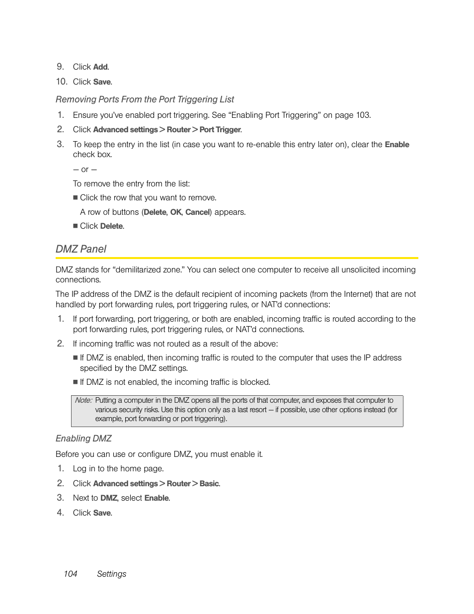 Removing ports from the port triggering list, Dmz panel, Enabling dmz | Sierra Wireless Overdrive User Manual | Page 112 / 172