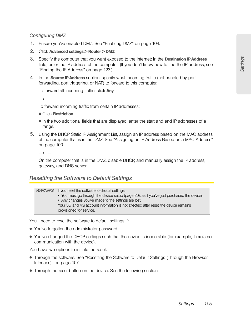 Configuring dmz, Resetting the software to default settings | Sierra Wireless Overdrive User Manual | Page 113 / 172