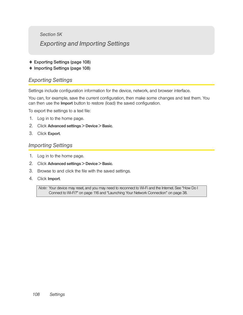 Exporting and importing settings, Exporting settings, Importing settings | 5k. exporting and importing settings, Exporting settings importing settings | Sierra Wireless Overdrive User Manual | Page 116 / 172