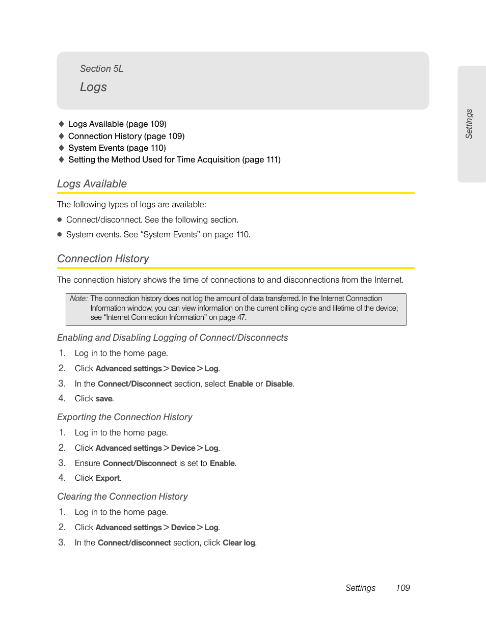 Logs, Logs available, Connection history | Exporting the connection history, Clearing the connection history, Logs available connection history | Sierra Wireless Overdrive User Manual | Page 117 / 172