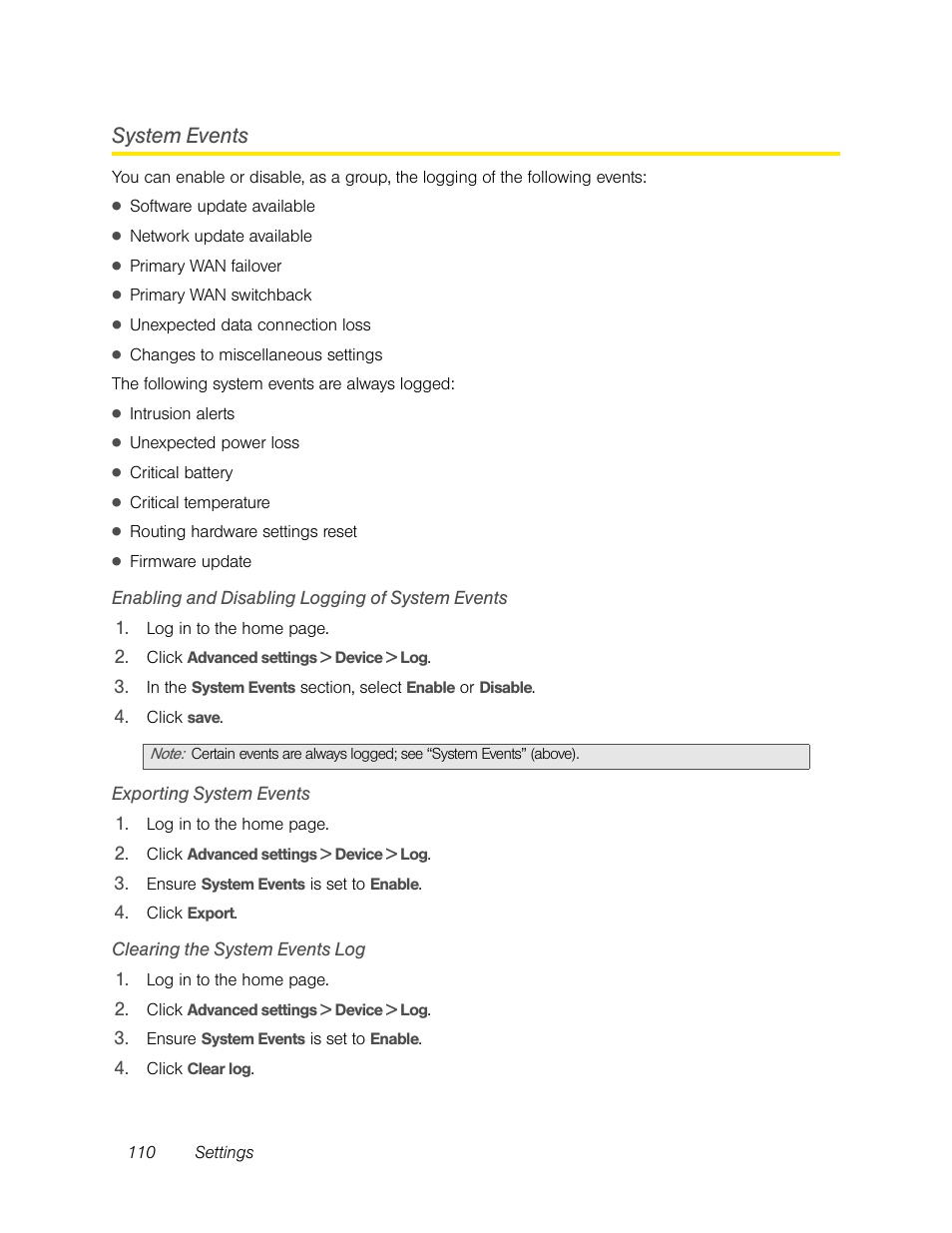 System events, Enabling and disabling logging of system events, Exporting system events | Clearing the system events log | Sierra Wireless Overdrive User Manual | Page 118 / 172