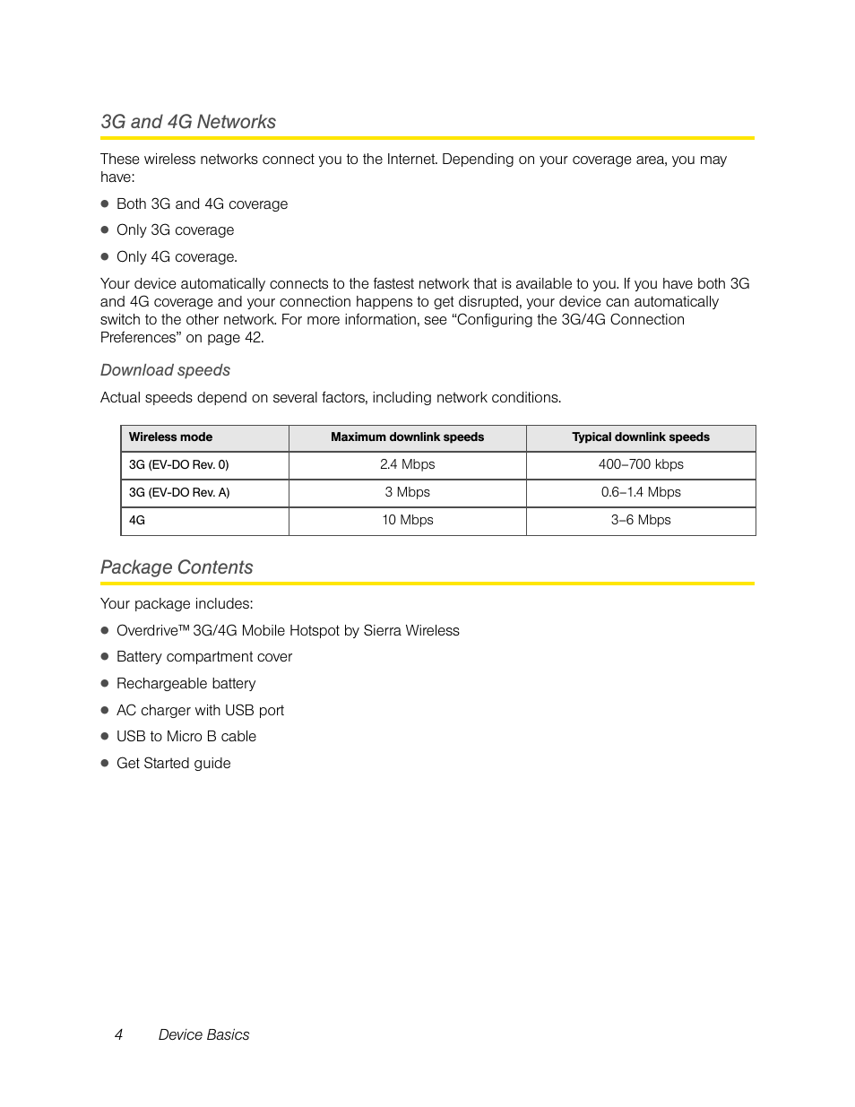 3g and 4g networks, Download speeds, Package contents | 3g and 4g networks package contents | Sierra Wireless Overdrive User Manual | Page 12 / 172