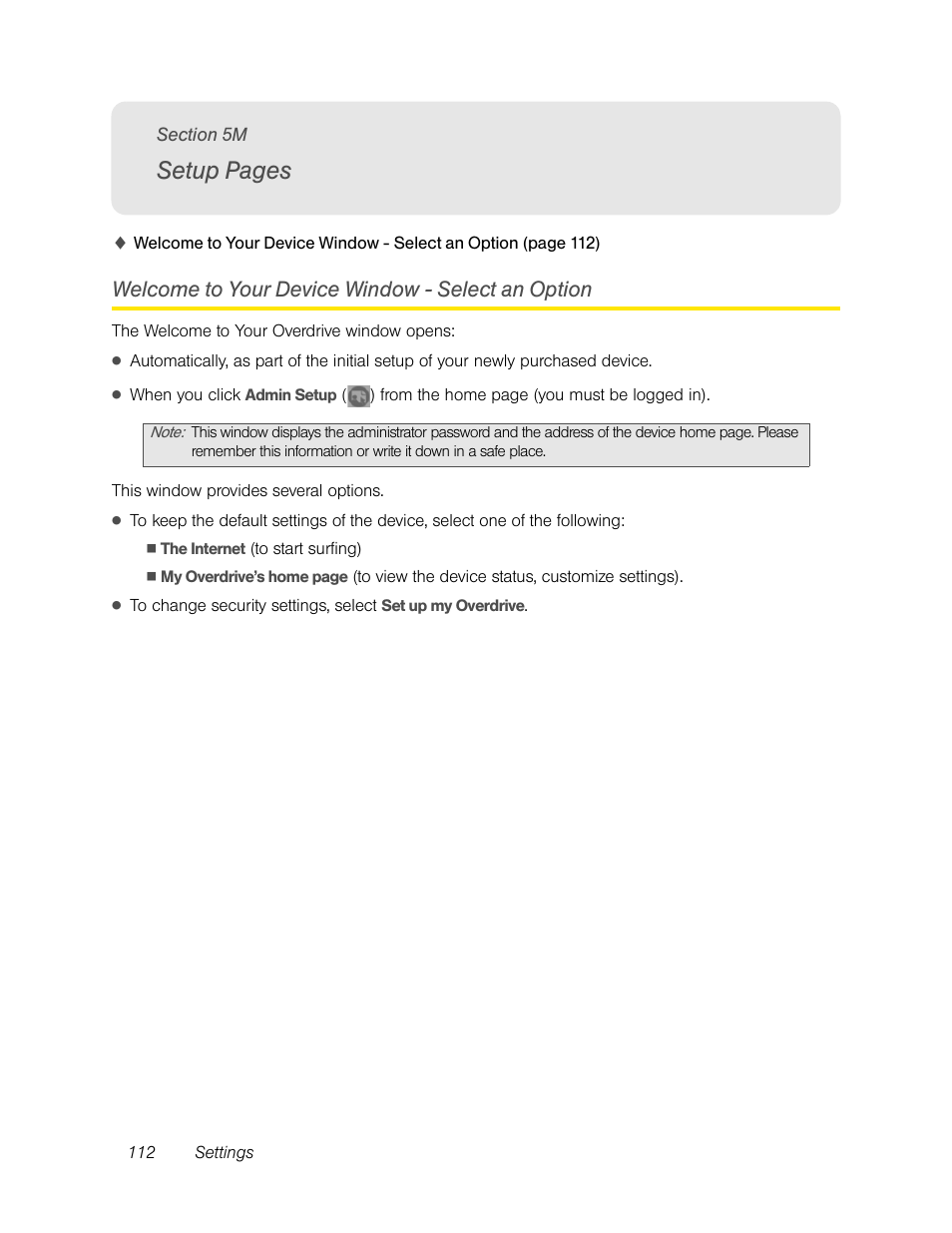 Welcome to your device window - select an option, Setup pages | Sierra Wireless Overdrive User Manual | Page 120 / 172