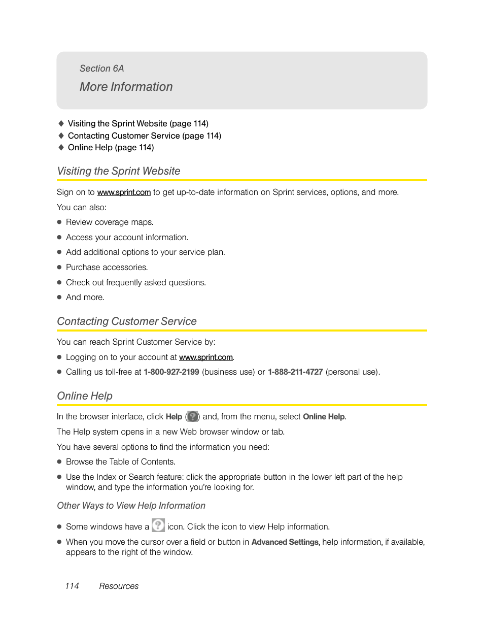 More information, Visiting the sprint website, Contacting customer service | Online help, Other ways to view help information, 6a. more information | Sierra Wireless Overdrive User Manual | Page 122 / 172