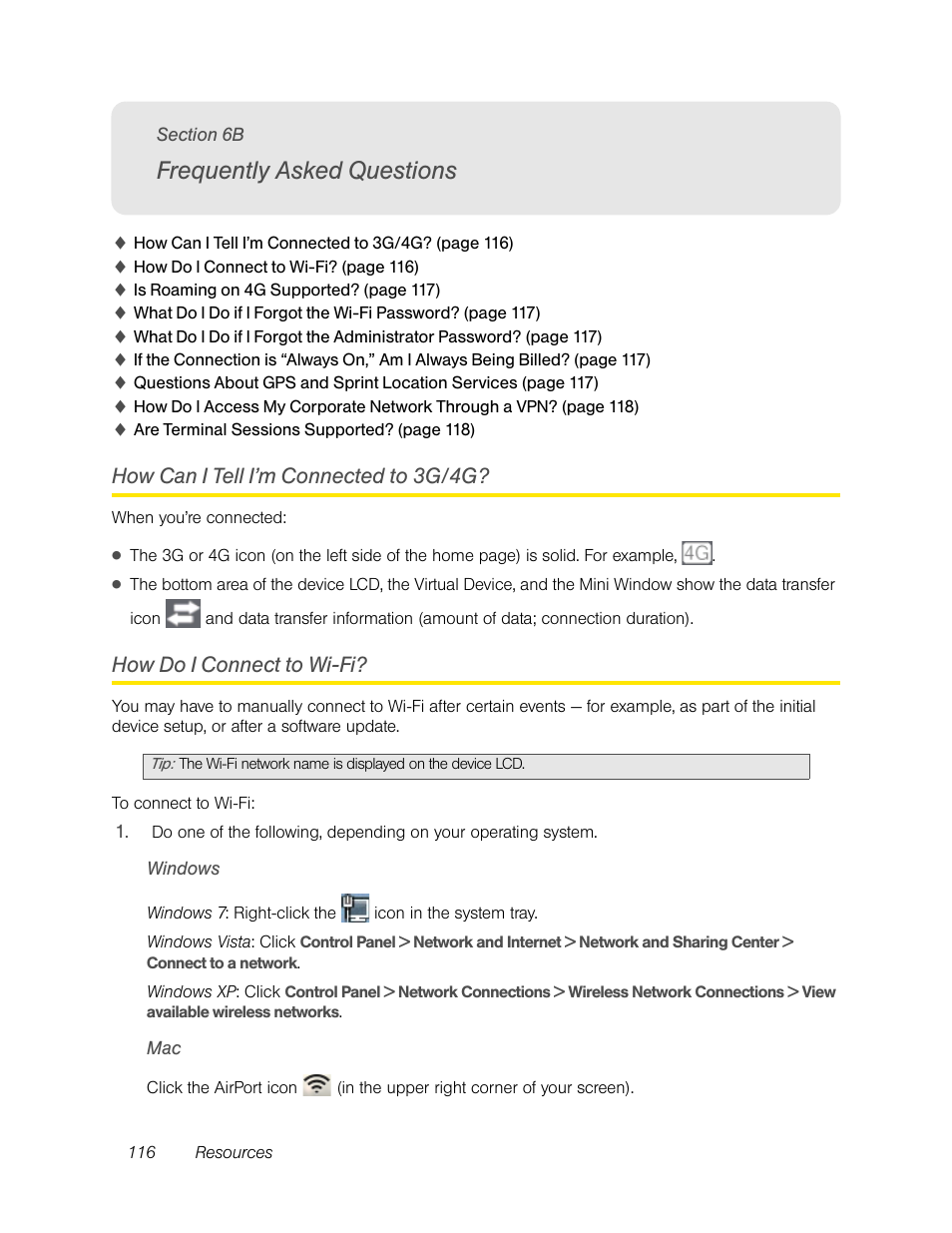 Frequently asked questions, How can i tell i’m connected to 3g/4g, How do i connect to wi-fi | Windows, 6b. frequently asked questions | Sierra Wireless Overdrive User Manual | Page 124 / 172