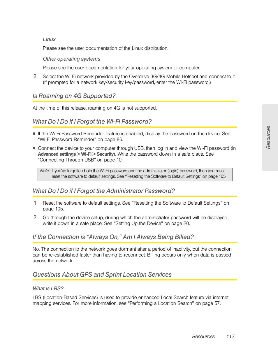 Linux, Other operating systems, Is roaming on 4g supported | What do i do if i forgot the wi-fi password, Questions about gps and sprint location services, What is lbs, Is roaming on 4, What do i do if i forgot the w | Sierra Wireless Overdrive User Manual | Page 125 / 172