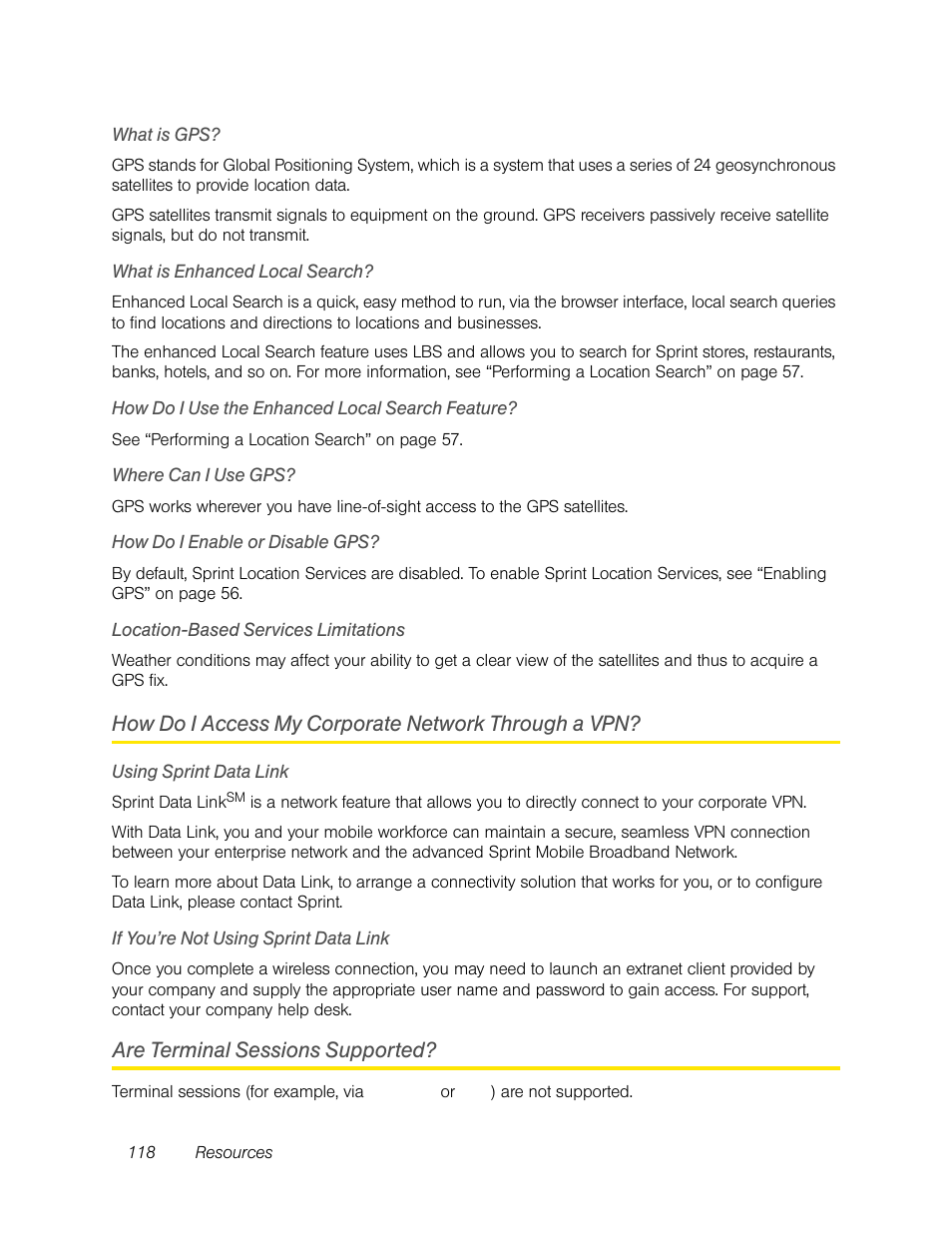 What is gps, What is enhanced local search, How do i use the enhanced local search feature | Where can i use gps, How do i enable or disable gps, Location-based services limitations, How do i access my corporate network through a vpn, Using sprint data link, If you’re not using sprint data link, Are terminal sessions supported | Sierra Wireless Overdrive User Manual | Page 126 / 172