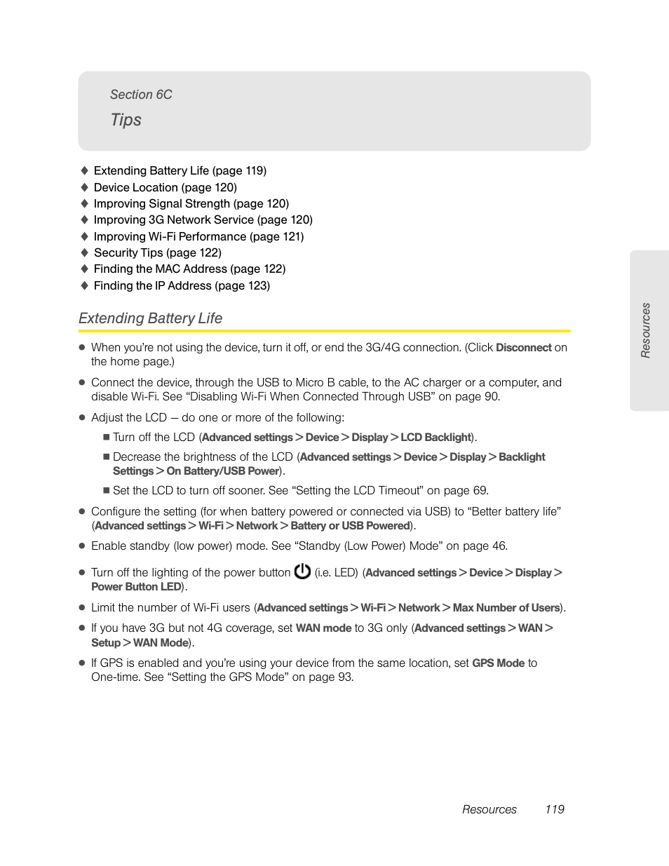 Tips, Extending battery life, 6c. tips | Sierra Wireless Overdrive User Manual | Page 127 / 172