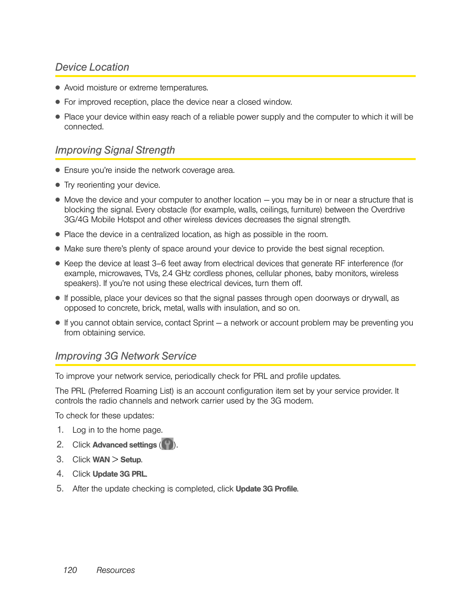 Device location, Improving signal strength, Improving 3g network service | Sierra Wireless Overdrive User Manual | Page 128 / 172