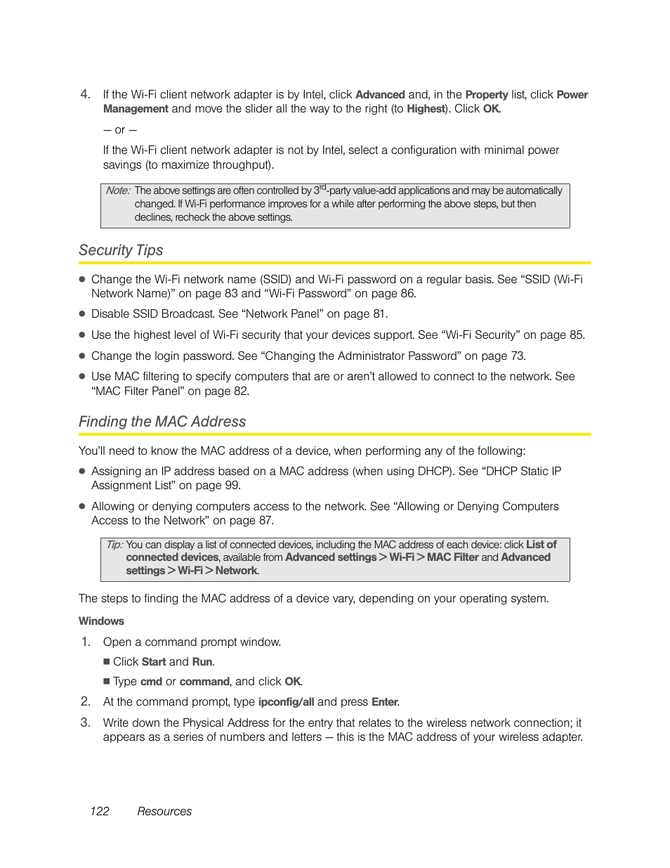 Security tips, Finding the mac address, Windows | Security tips finding the mac address | Sierra Wireless Overdrive User Manual | Page 130 / 172