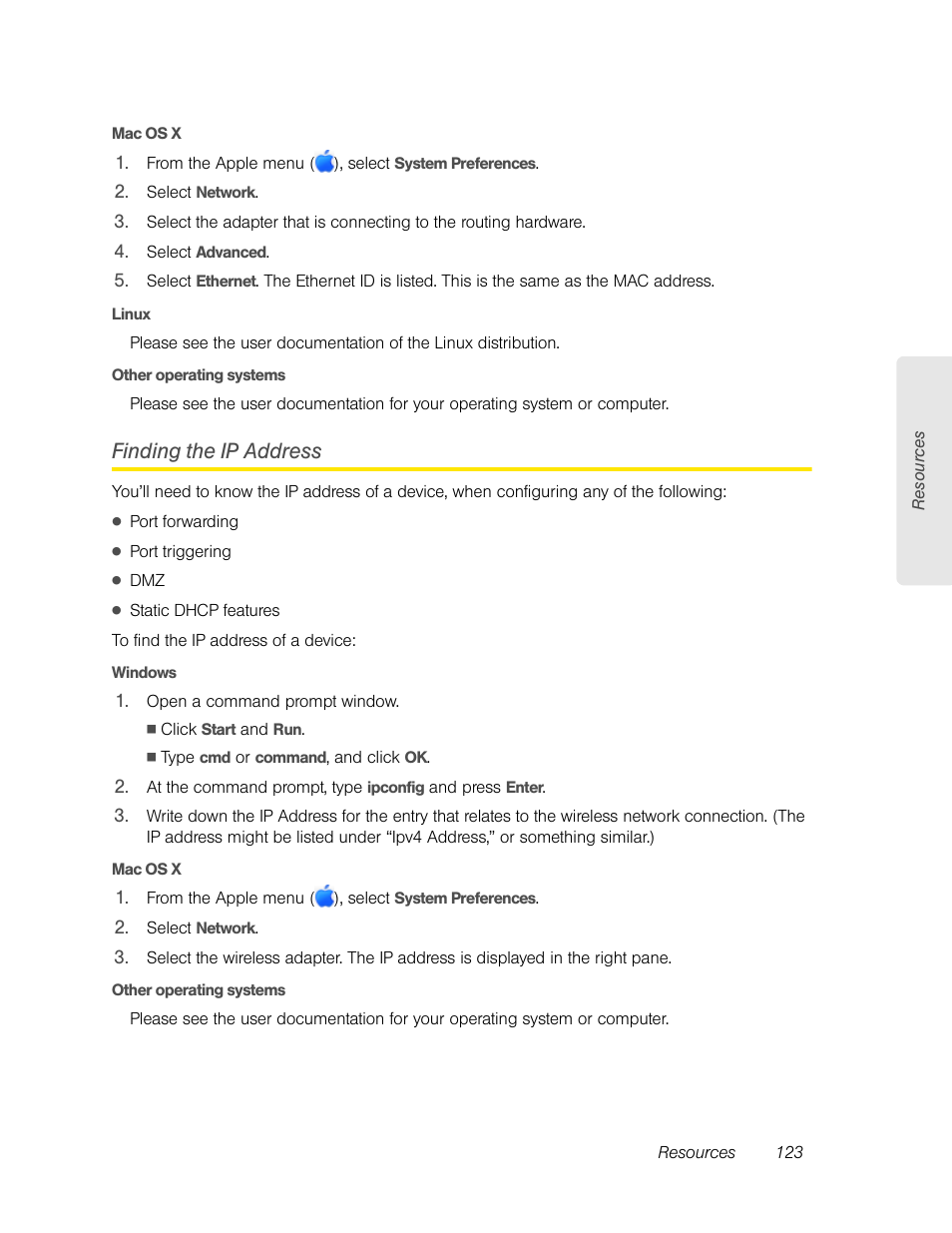 Mac os x, Linux, Other operating systems | Finding the ip address, Windows | Sierra Wireless Overdrive User Manual | Page 131 / 172