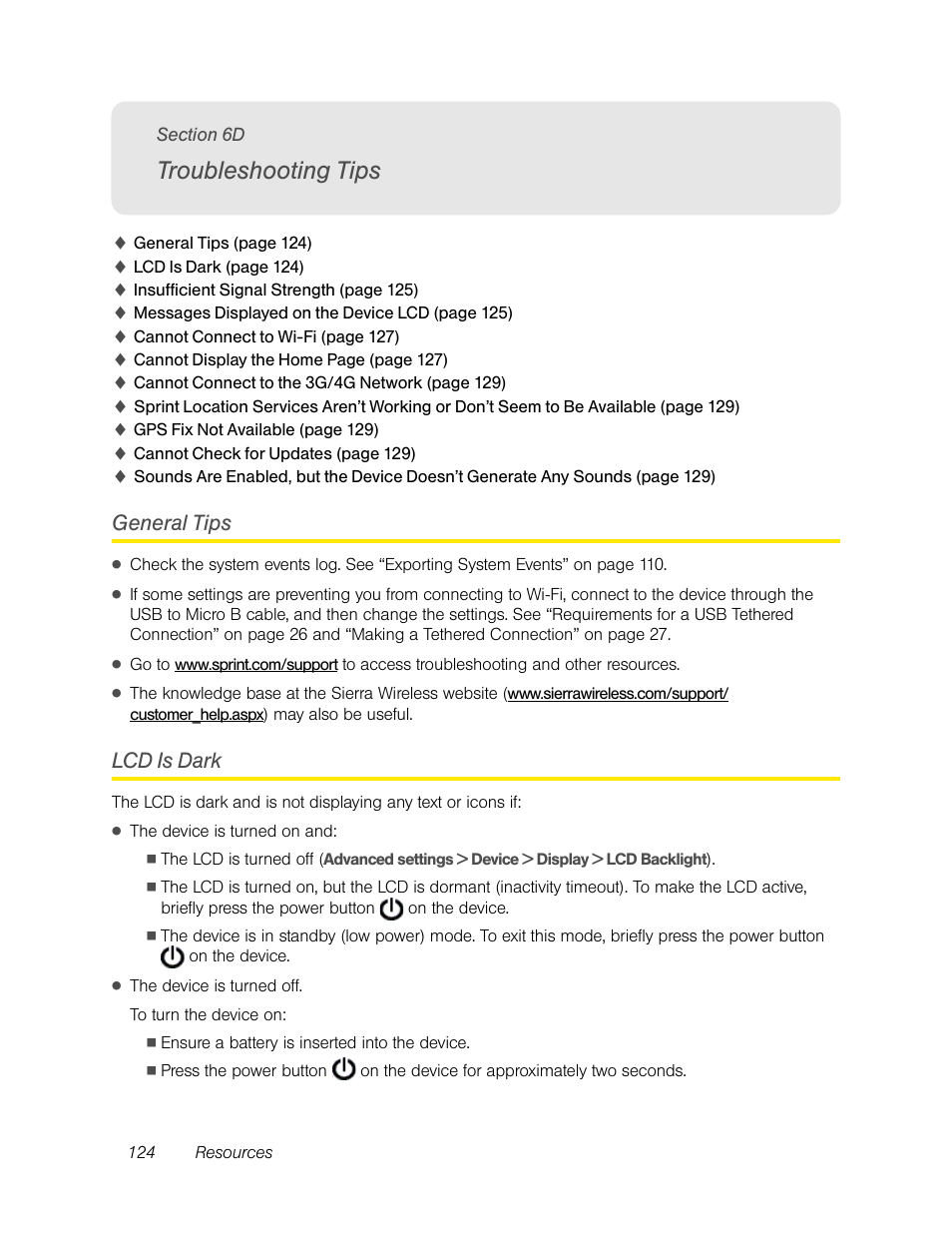 Troubleshooting tips, General tips, Lcd is dark | 6d. troubleshooting tips, General tips lcd is dark | Sierra Wireless Overdrive User Manual | Page 132 / 172