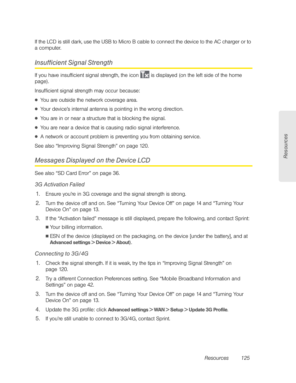 Insufficient signal strength, Messages displayed on the device lcd, 3g activation failed | Connecting to 3g/4g | Sierra Wireless Overdrive User Manual | Page 133 / 172