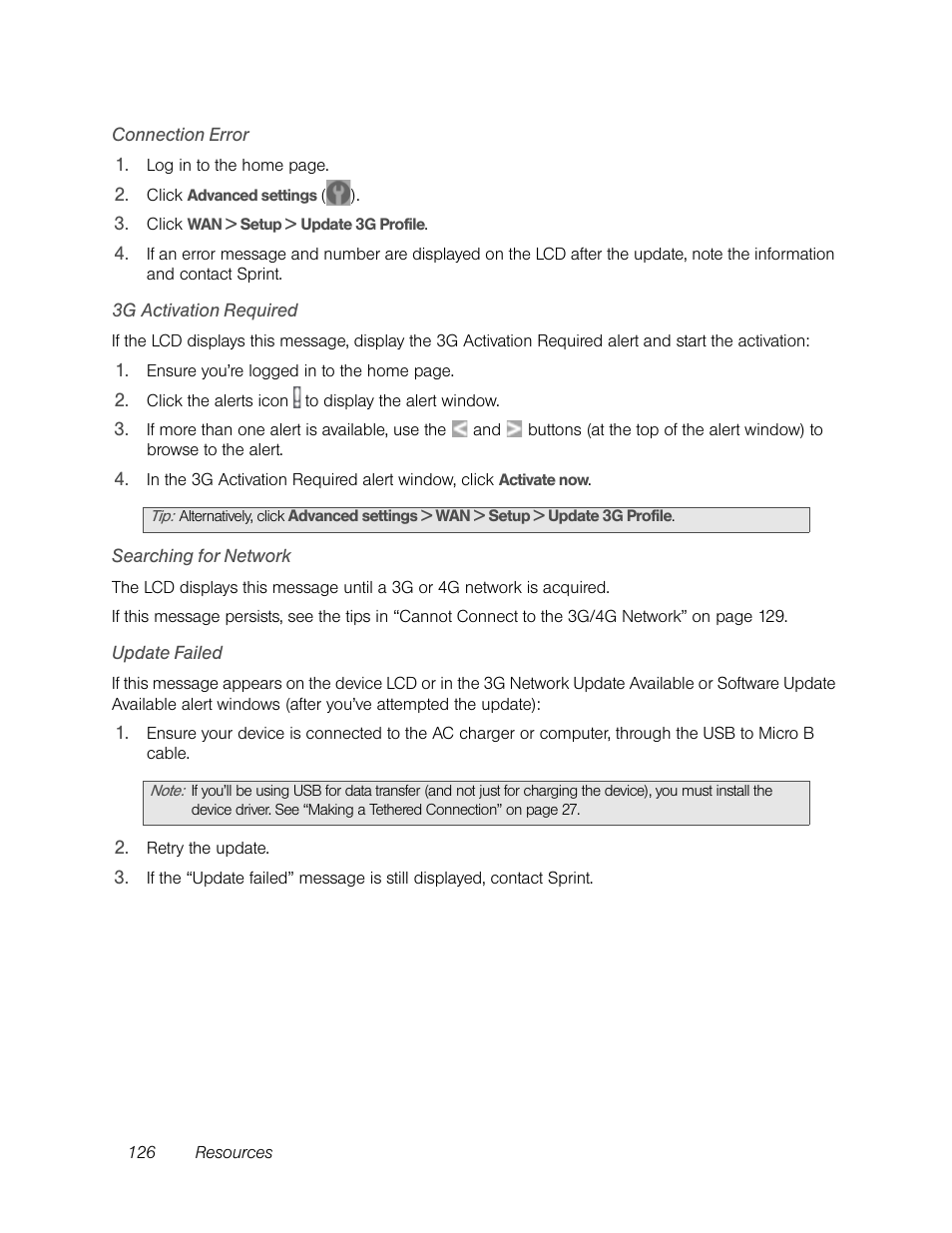 Connection error, 3g activation required, Searching for network | Update failed | Sierra Wireless Overdrive User Manual | Page 134 / 172