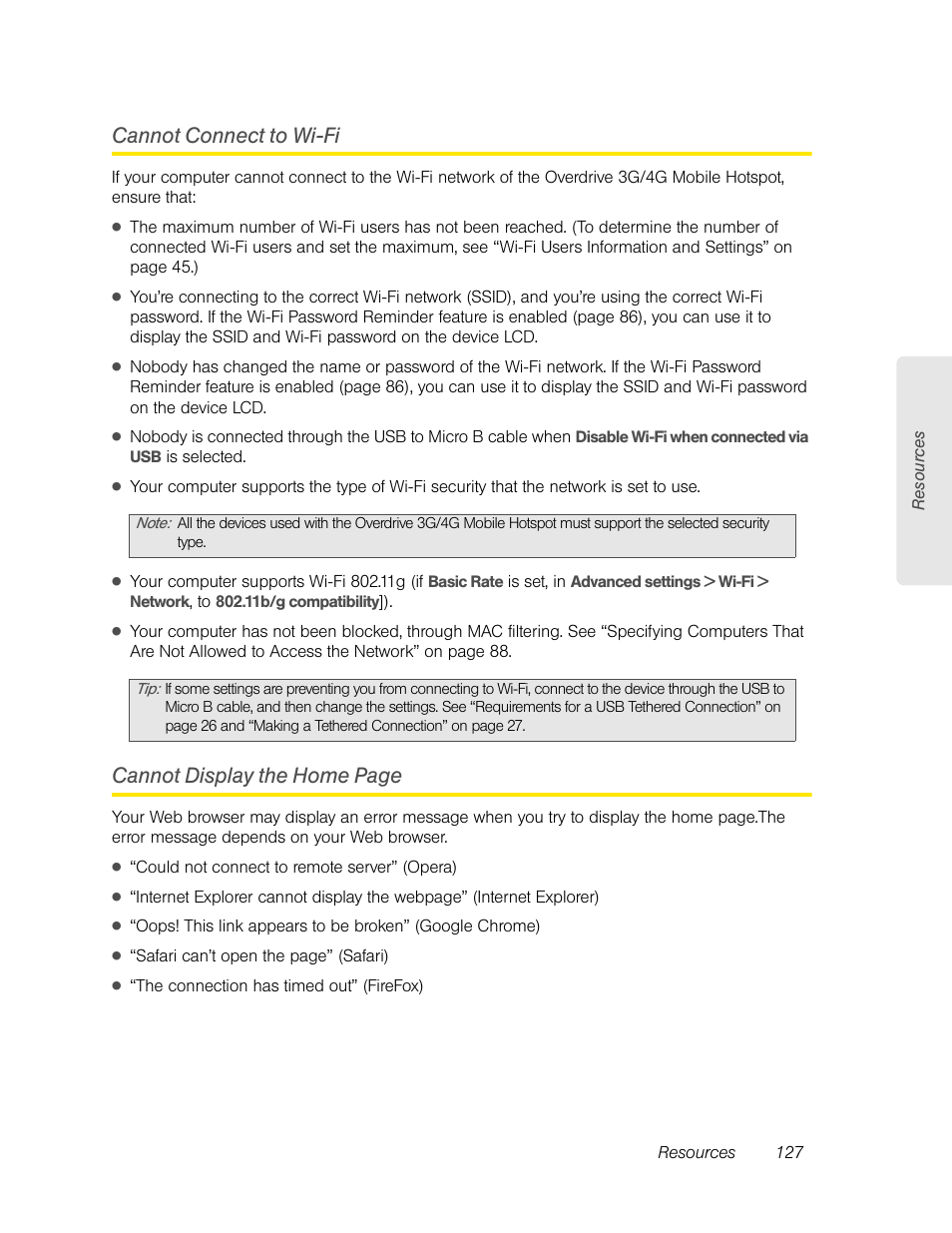 Cannot connect to wi-fi, Cannot display the home page | Sierra Wireless Overdrive User Manual | Page 135 / 172