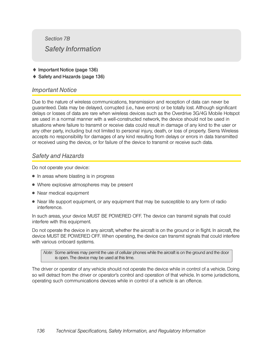 Safety information, Important notice, Safety and hazards | 7b. safety information, Important notice safety and hazards | Sierra Wireless Overdrive User Manual | Page 144 / 172