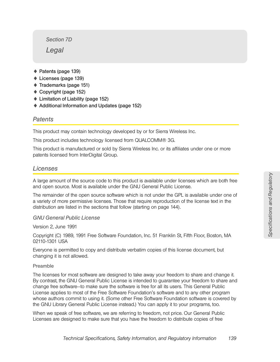 Legal, Patents, Licenses | Gnu general public license, 7d. legal, Patents licenses | Sierra Wireless Overdrive User Manual | Page 147 / 172