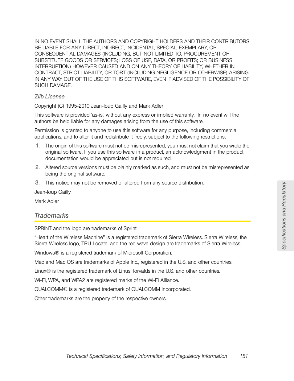 Zlib license, Trademarks | Sierra Wireless Overdrive User Manual | Page 159 / 172