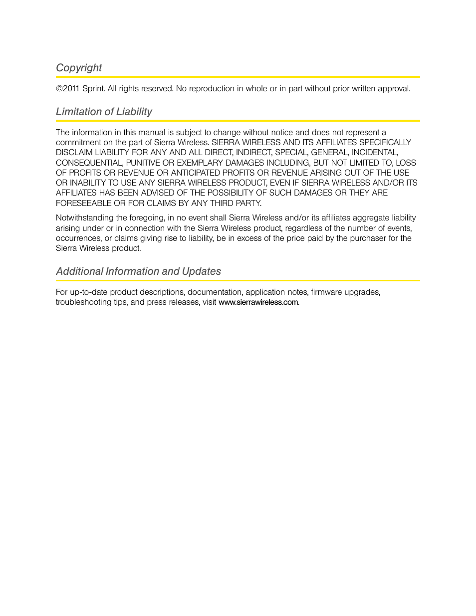 Copyright, Limitation of liability, Additional information and updates | Sierra Wireless Overdrive User Manual | Page 160 / 172