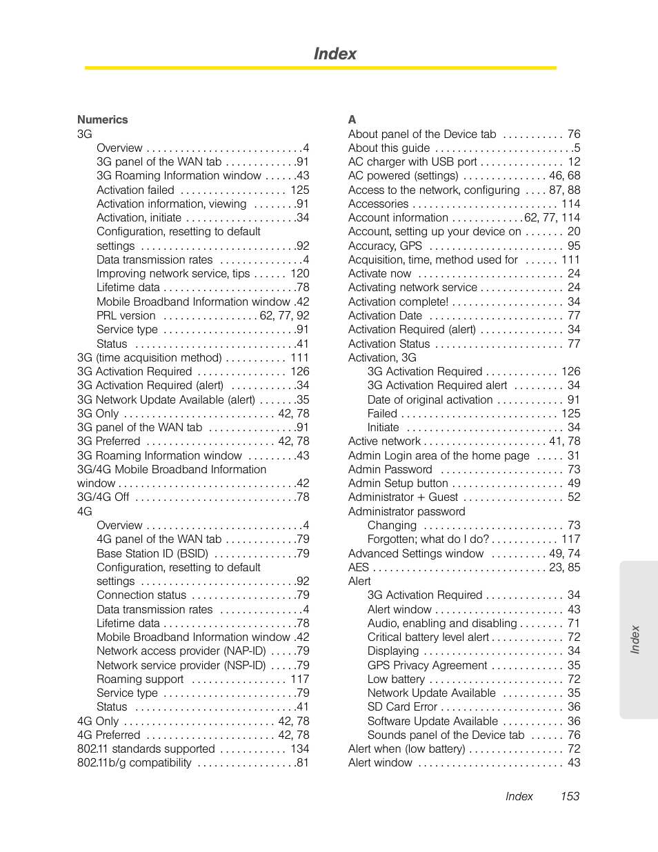 Index | Sierra Wireless Overdrive User Manual | Page 161 / 172