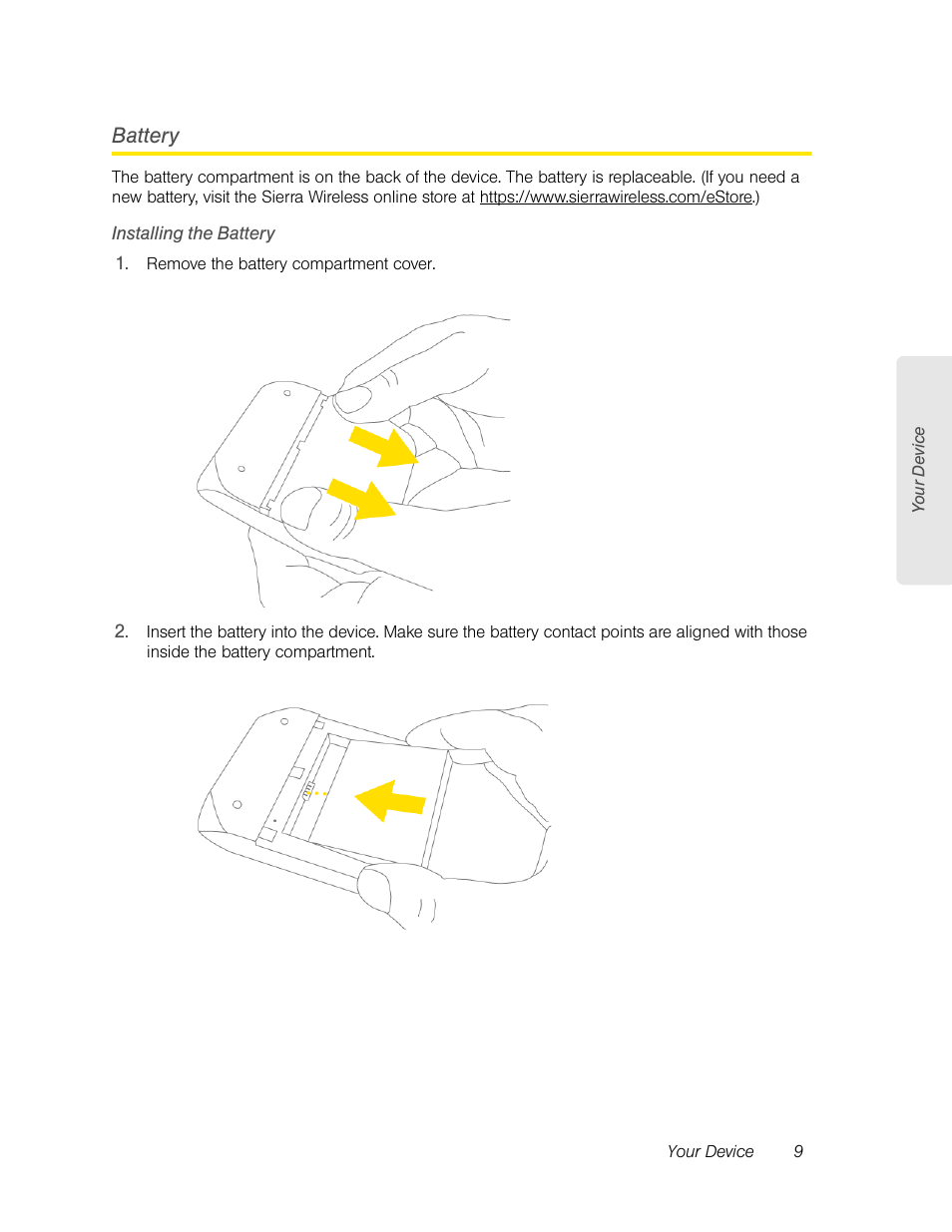 Battery, Installing the battery | Sierra Wireless Overdrive User Manual | Page 17 / 172