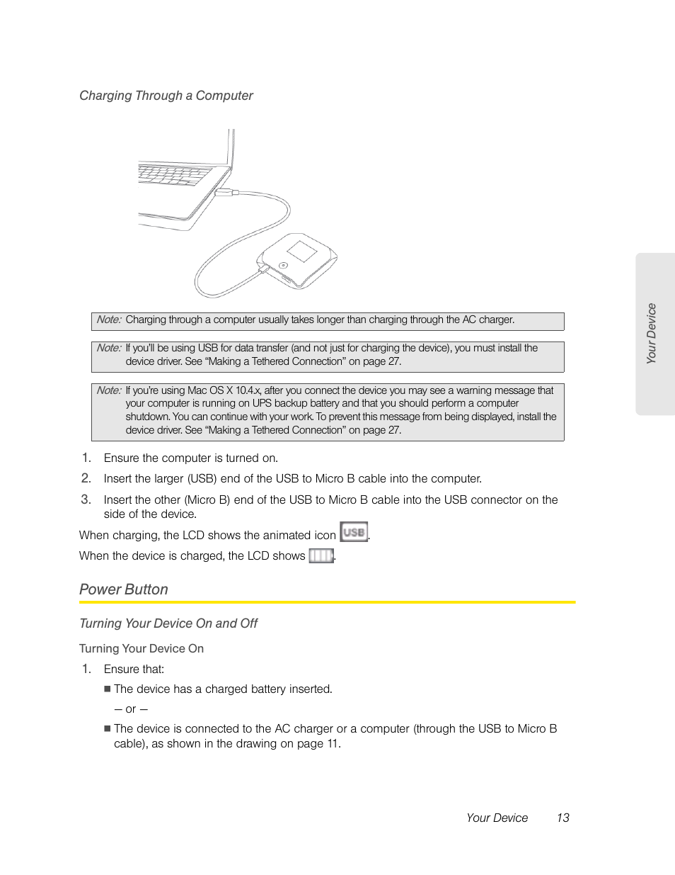 Charging through a computer, Power button, Turning your device on and off | Sierra Wireless Overdrive User Manual | Page 21 / 172