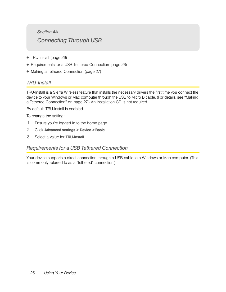 Connecting through usb, Tru-install, Requirements for a usb tethered connection | 4a. connecting through usb | Sierra Wireless Overdrive User Manual | Page 34 / 172