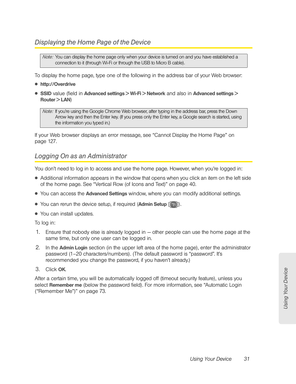 Logging on as an administrator, Displaying the home page of the device | Sierra Wireless Overdrive User Manual | Page 39 / 172