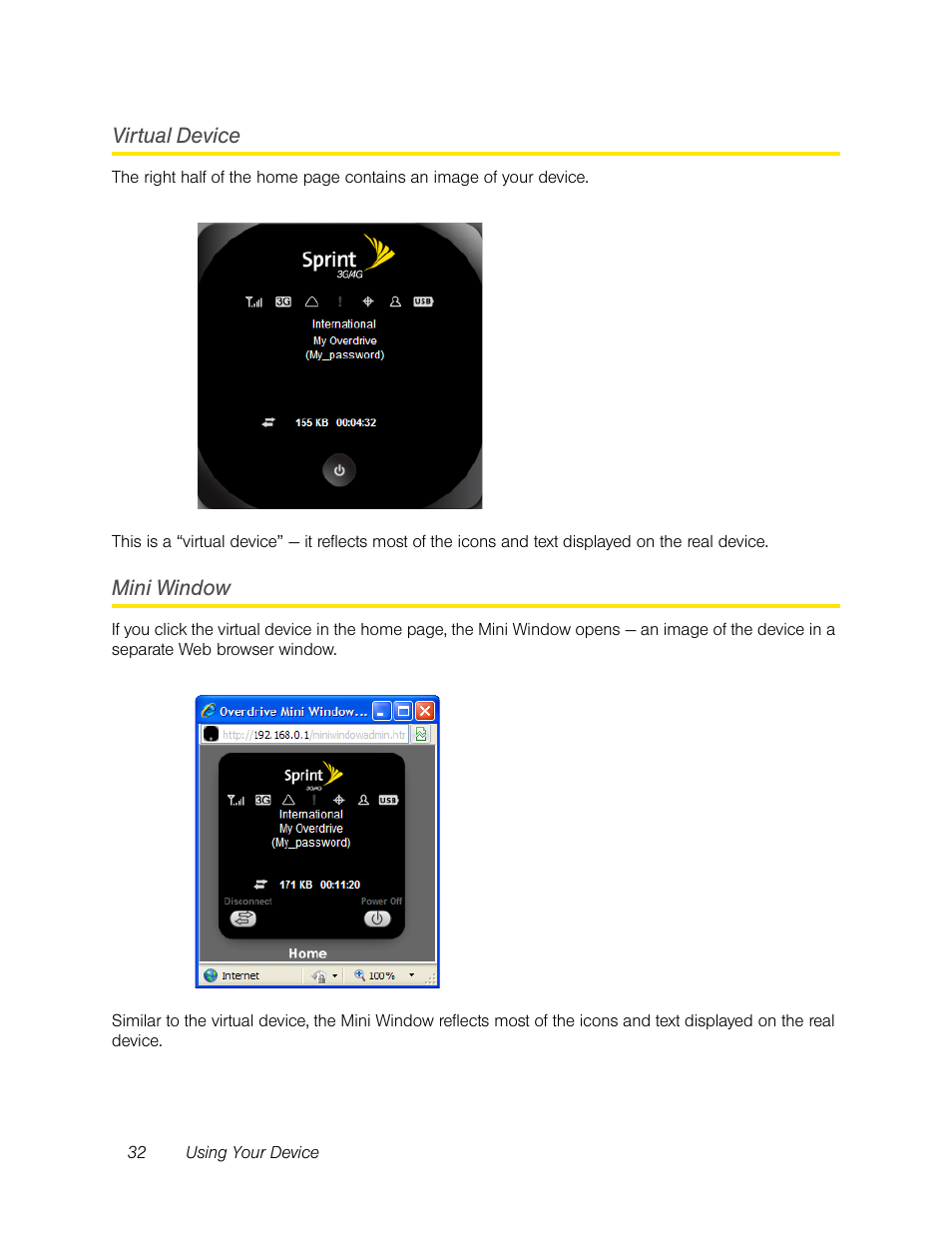 Virtual device, Mini window, Virtual device mini window | Sierra Wireless Overdrive User Manual | Page 40 / 172