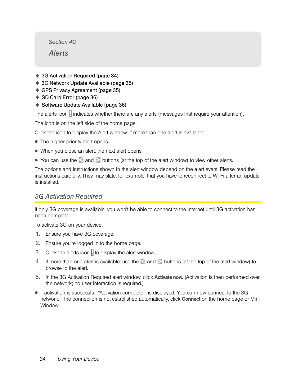 Alerts, 3g activation required, 4c. alerts | Sierra Wireless Overdrive User Manual | Page 42 / 172