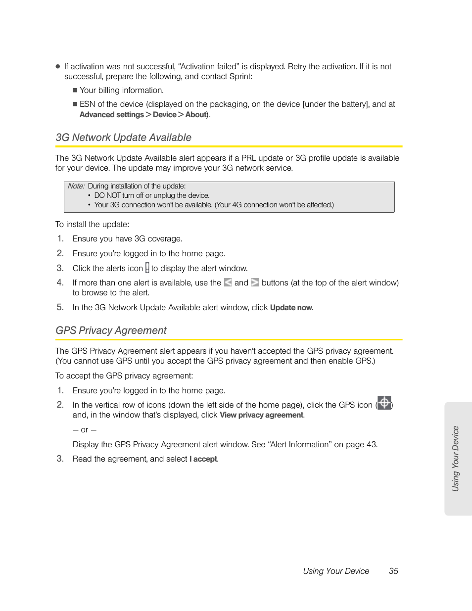 3g network update available, Gps privacy agreement, 3g network update available gps privacy agreement | Sierra Wireless Overdrive User Manual | Page 43 / 172