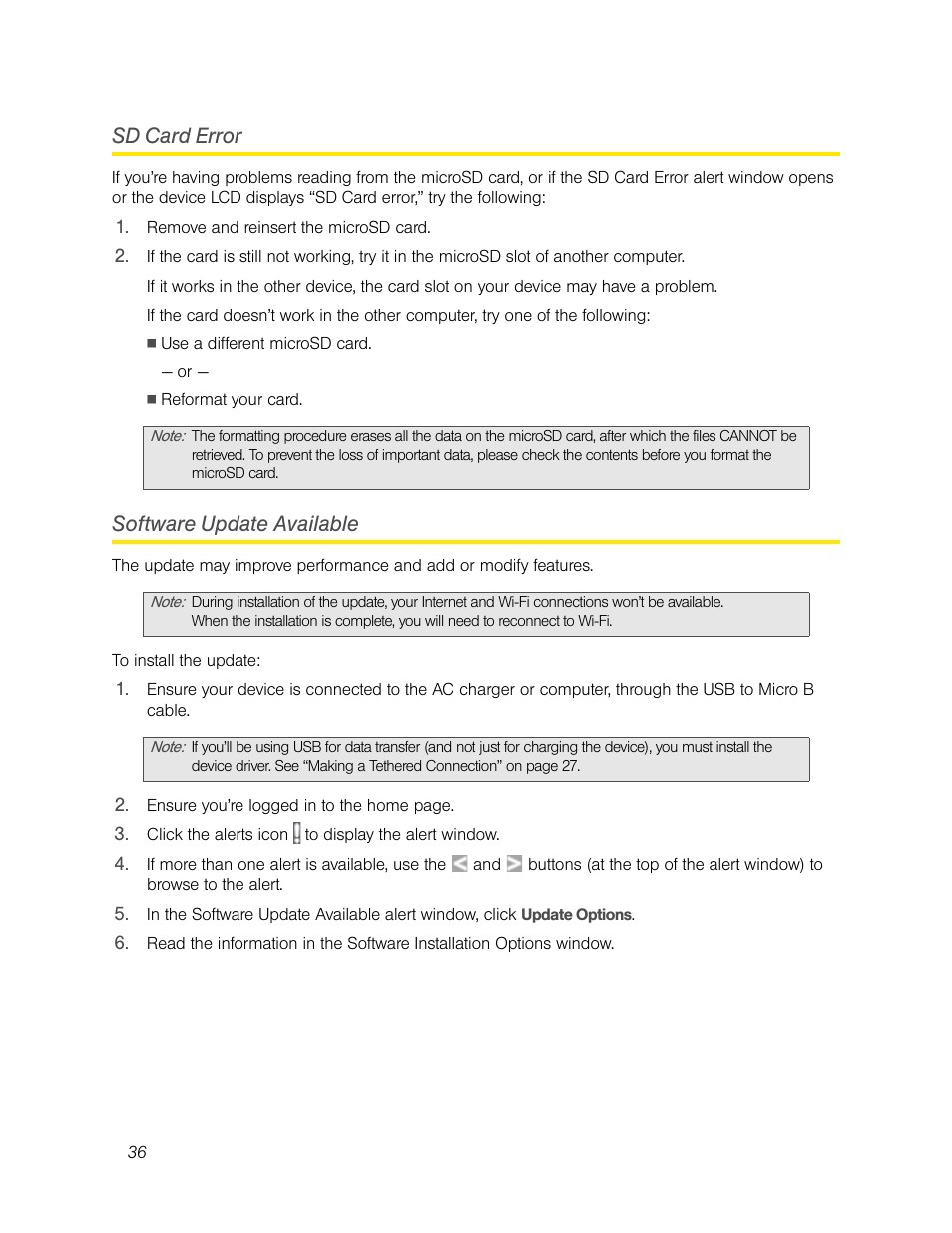 Sd card error, Software update available, Sd card error software update available | Sierra Wireless Overdrive User Manual | Page 44 / 172