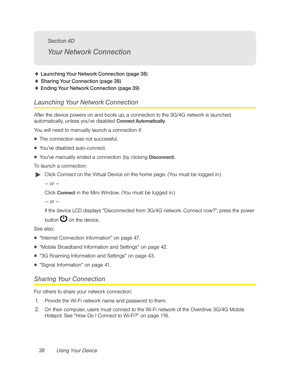 Your network connection, Launching your network connection, Sharing your connection | 4d. your network connection | Sierra Wireless Overdrive User Manual | Page 46 / 172