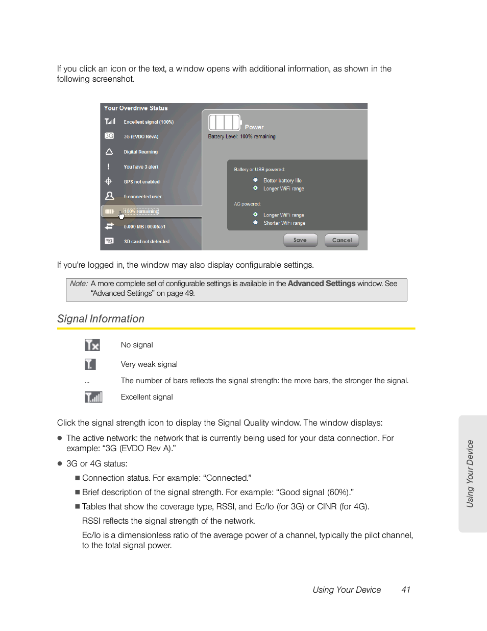 Signal information | Sierra Wireless Overdrive User Manual | Page 49 / 172