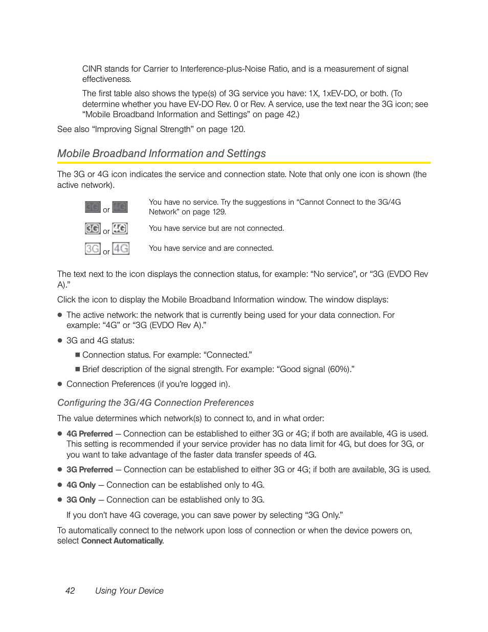 Mobile broadband information and settings, Configuring the 3g/4g connection preferences | Sierra Wireless Overdrive User Manual | Page 50 / 172