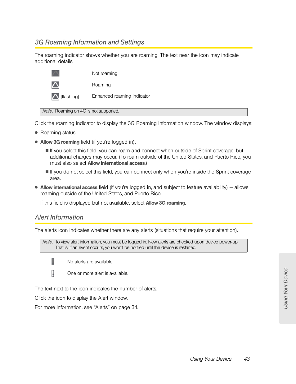 3g roaming information and settings, Alert information | Sierra Wireless Overdrive User Manual | Page 51 / 172