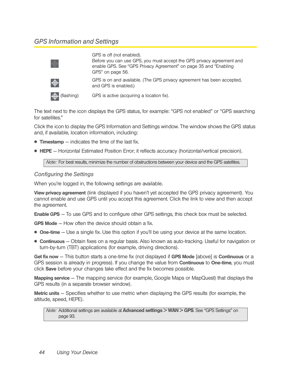 Gps information and settings, Configuring the settings | Sierra Wireless Overdrive User Manual | Page 52 / 172