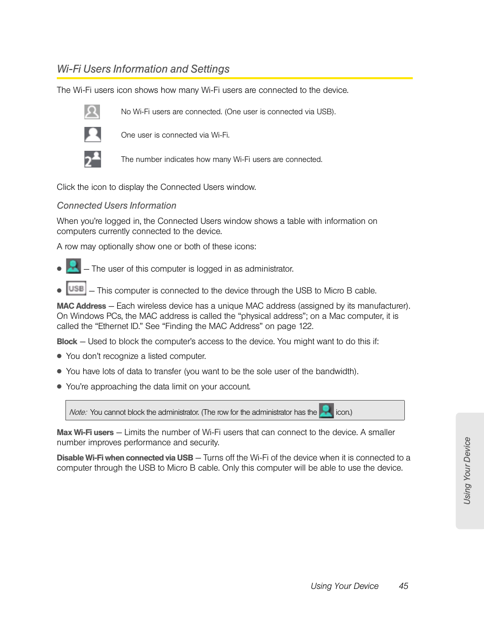 Wi-fi users information and settings, Connected users information | Sierra Wireless Overdrive User Manual | Page 53 / 172