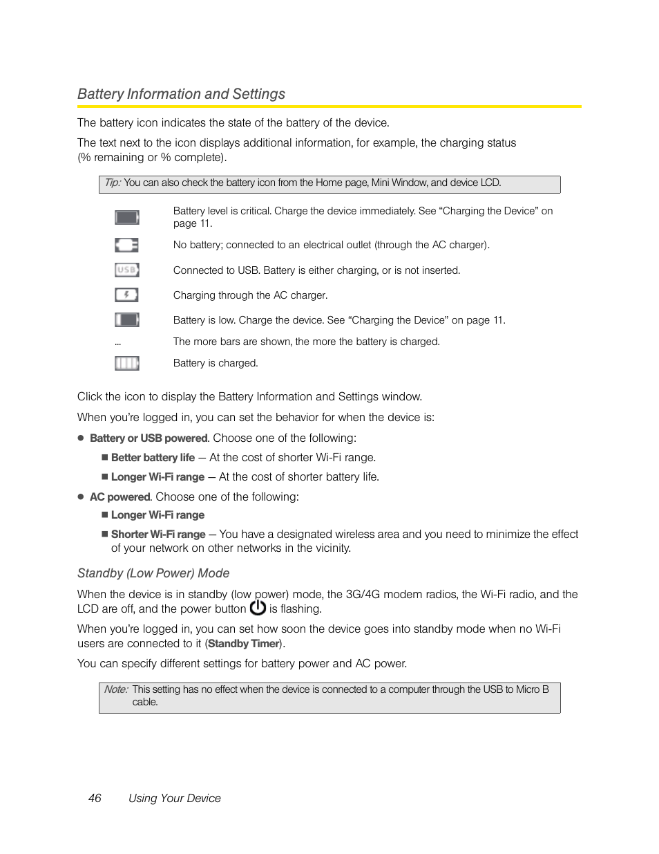 Battery information and settings, Standby (low power) mode | Sierra Wireless Overdrive User Manual | Page 54 / 172