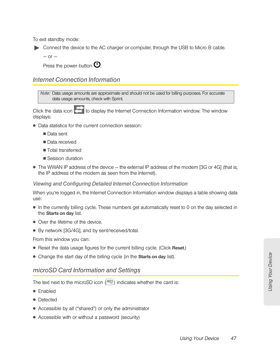 Internet connection information, Microsd card information and settings | Sierra Wireless Overdrive User Manual | Page 55 / 172