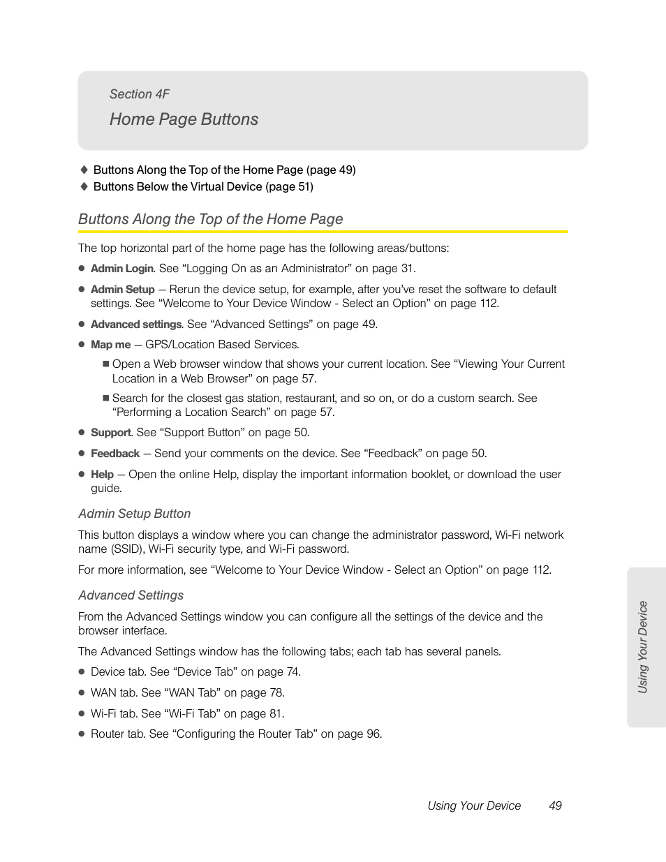 Admin setup button, Advanced settings, Home page buttons | Buttons along the top of the home page | Sierra Wireless Overdrive User Manual | Page 57 / 172