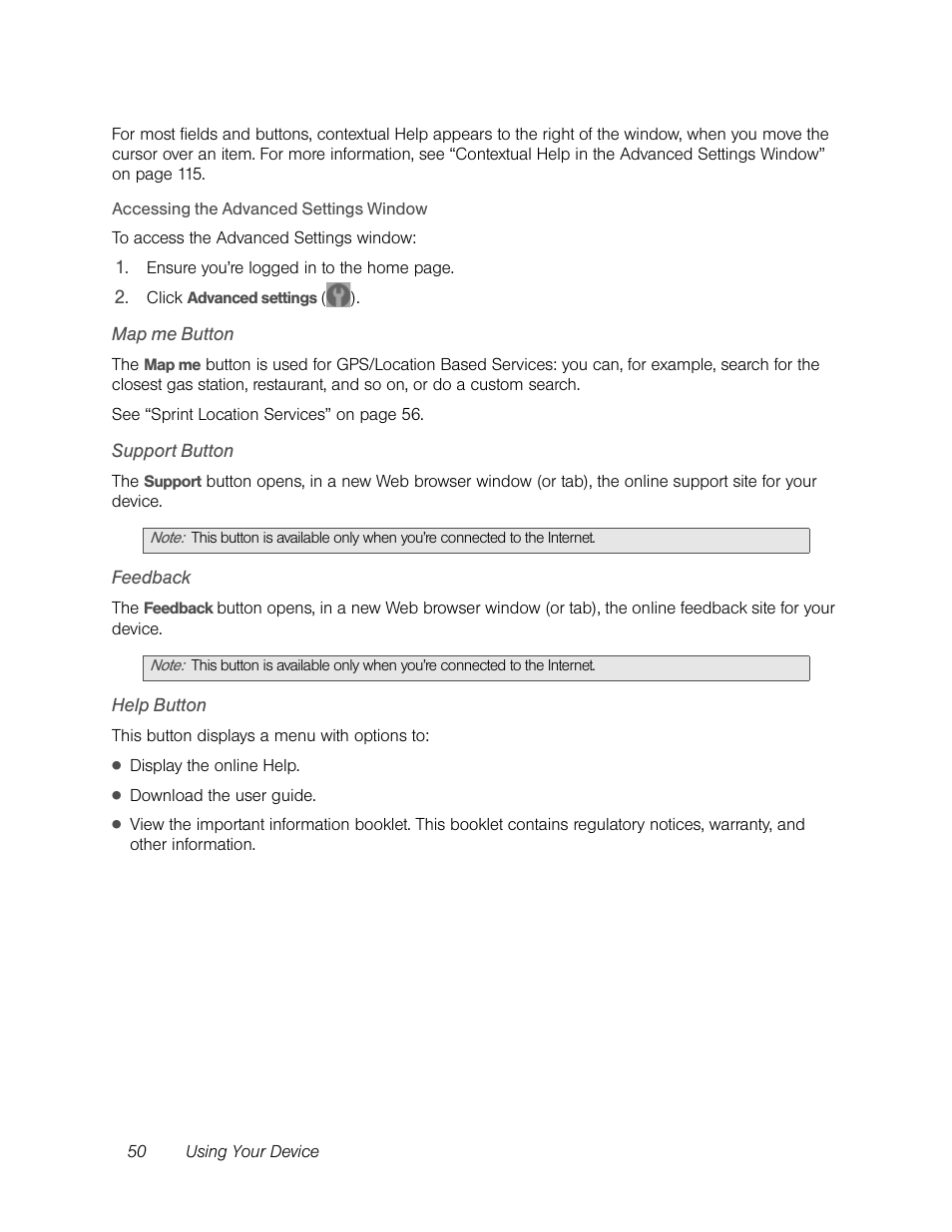 Map me button, Support button, Feedback | Help button | Sierra Wireless Overdrive User Manual | Page 58 / 172