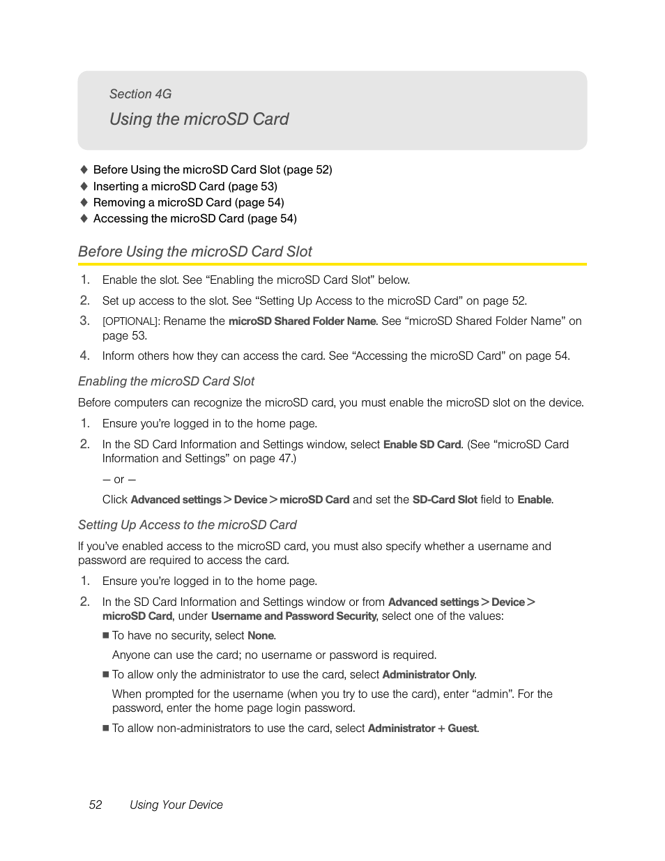 Using the microsd card, Before using the microsd card slot, Enabling the microsd card slot | Setting up access to the microsd card, 4g. using the microsd card | Sierra Wireless Overdrive User Manual | Page 60 / 172