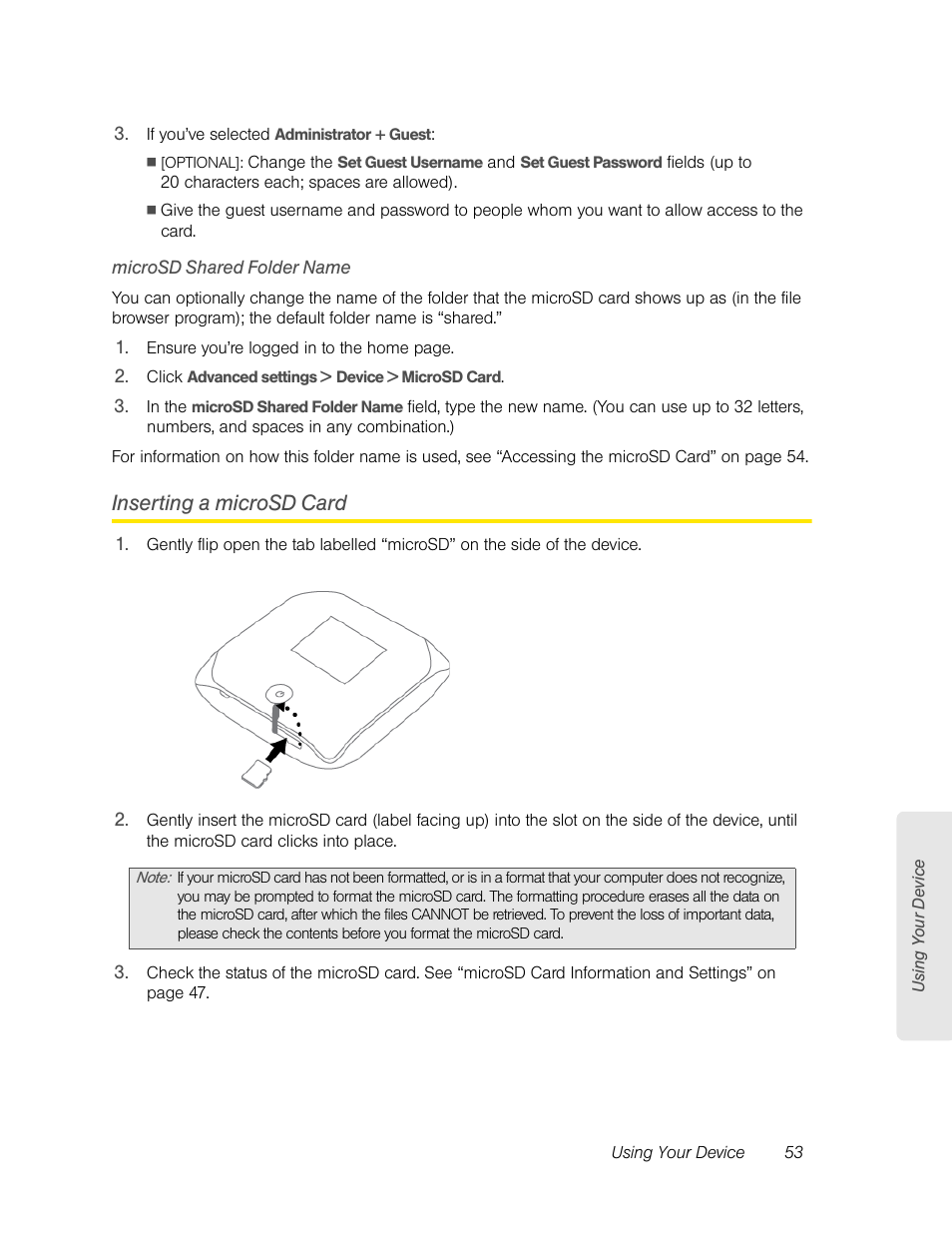 Microsd shared folder name, Inserting a microsd card, Microsd shared folder name” on | Sierra Wireless Overdrive User Manual | Page 61 / 172