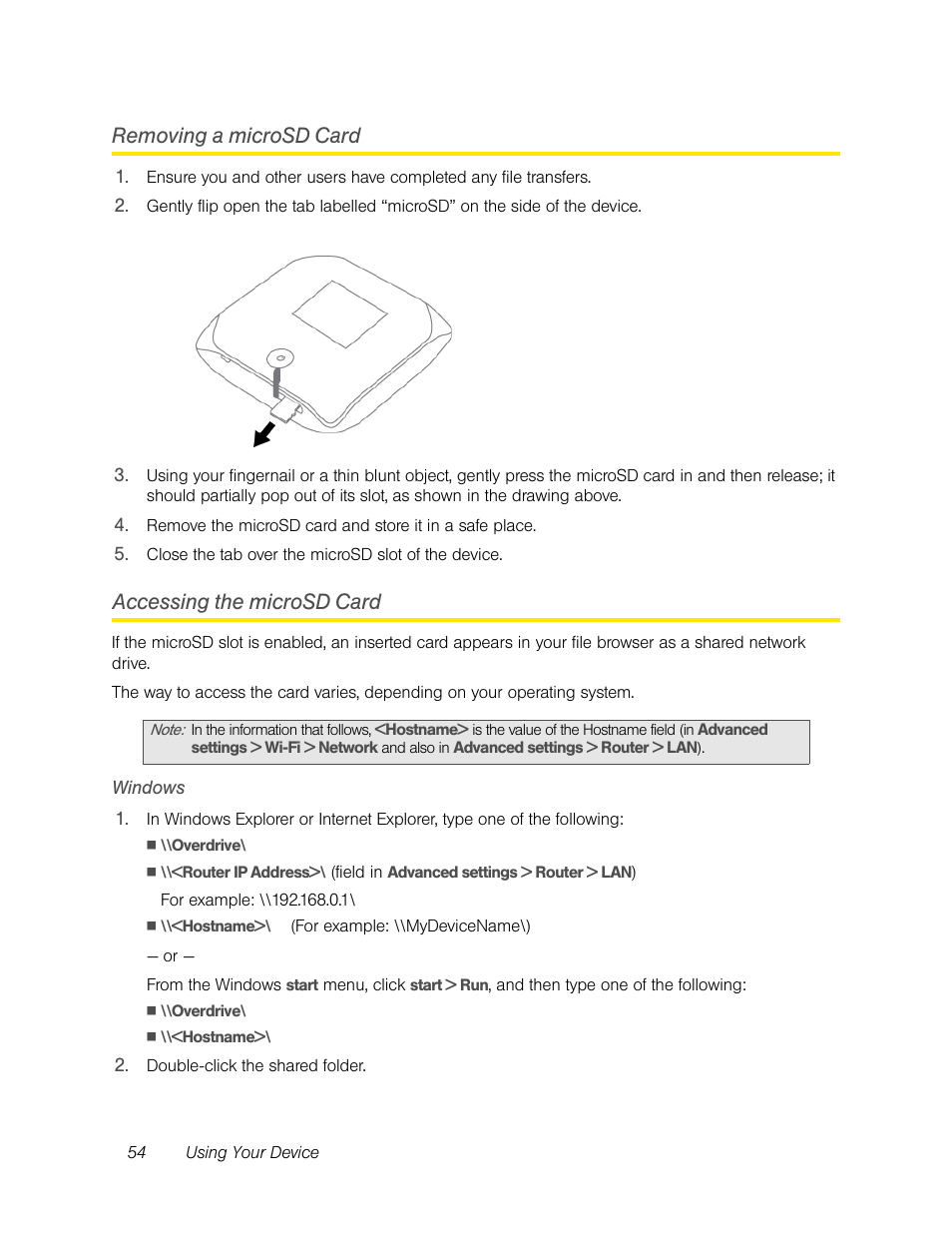 Removing a microsd card, Accessing the microsd card, Windows | Removing a microsd card accessing the microsd card | Sierra Wireless Overdrive User Manual | Page 62 / 172